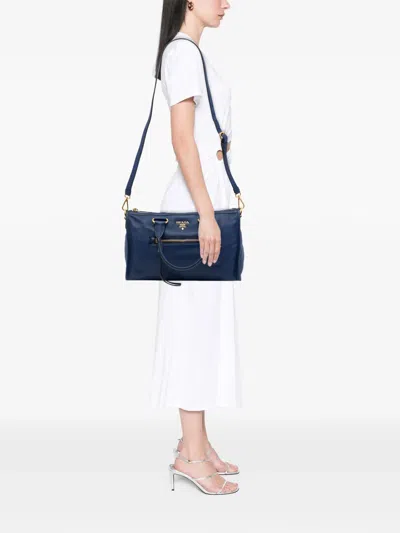 Pre-owned Prada 2013-2026 Vitello Daino Zip Top Satchel In Blue