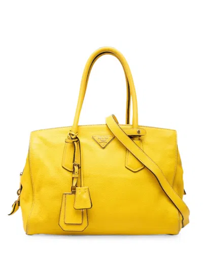 Pre-owned Prada 2013-2026 Vitello Daino Zip Top Satchel In Yellow