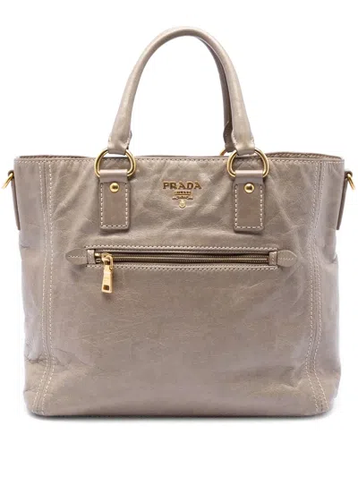 Pre-owned Prada 2013-2026 Vitello Shine Front Pocket Convertible Tote Satchel In Brown