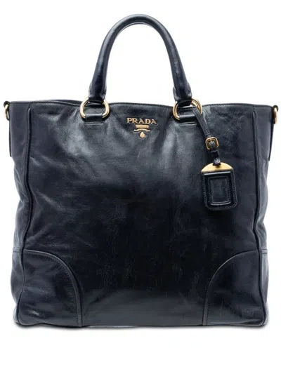 Pre-owned Prada 2013-2026 Vitello Shine Open Convertible Tote Satchel In Black