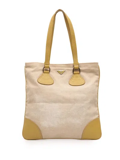 Pre-owned Prada 2013-2026 Vitello Trimmed Canvas Canapa Tote Bag In Yellow
