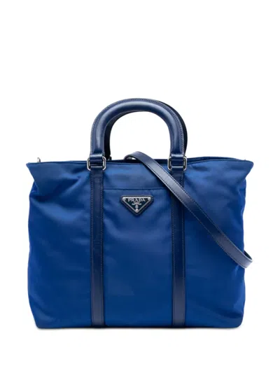 Pre-owned Prada 2013-2026 Vitello Trimmed Tessuto Satchel In Blue