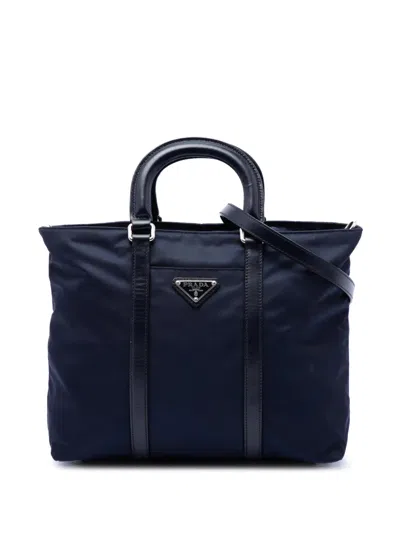 Pre-owned Prada 2013-2026 Vitello Trimmed Tessuto Satchel In Blue