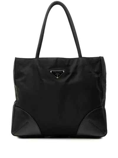 Pre-owned Prada 2013-2026 Vitello Trimmed Tessuto Tote Bag In Black