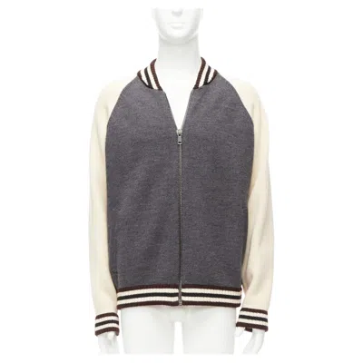 Pre-owned Prada 2014 100% Wool Knit Cream Grey Raglan Varsity Bomber Jacket It50 L In White