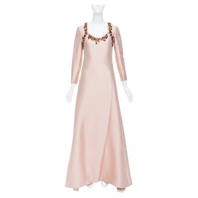 Pre-owned Prada 2014 Jewel Embellished Brown Blush Wool Silk Gown It38 Xs