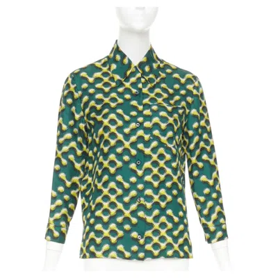 Pre-owned Prada 2015 100% Silk Green Yellow Molecular Geometric Print Shirt It38 Xs