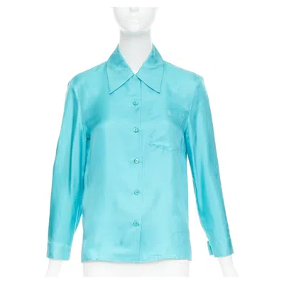 Pre-owned Prada 2015 100% Silk Turquoise Blue Wide Collar Pocketed Button-up Shirt It38 Xs