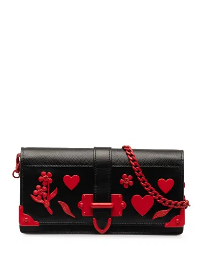 Pre-owned Prada 2015-2020 City Calf Cahier Heart And Flower Wallet-on-chain In Black