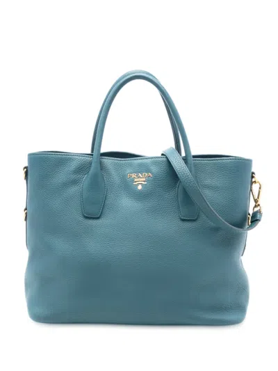 Pre-owned Prada 2015-2025 Vitello Daino Open Convertible Tote Satchel In Blue