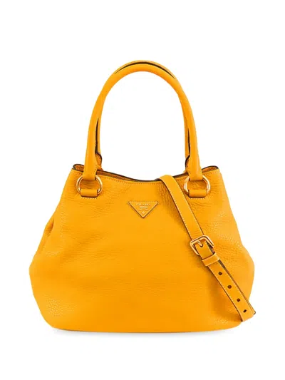 Pre-owned Prada 2015-2025 Vitello Daino Open Convertible Tote Satchel In Yellow