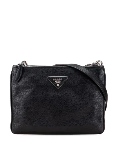 Pre-owned Prada 2015-2025 Vitello Phenix Double Zip Crossbody Bag In Black