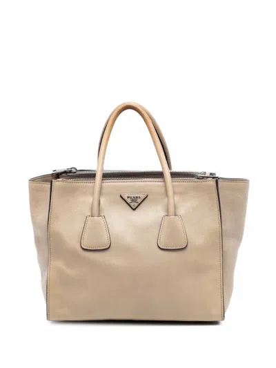 Pre-owned Prada 2015-2026 Glace Calf Twin Pocket Double Handle Satchel In Brown