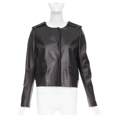 Pre-owned Prada 2015 Black Lambskin Leather Grosgrain Trim Cropped Military Jacket It44 L