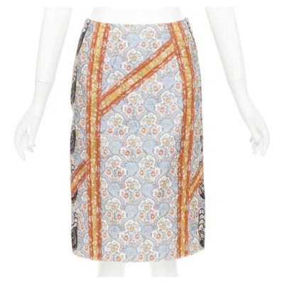 Pre-owned Prada 2015 Paisley Oriental Border Patchwork Silk Jacquard Pencil Skirt It38 In Sand