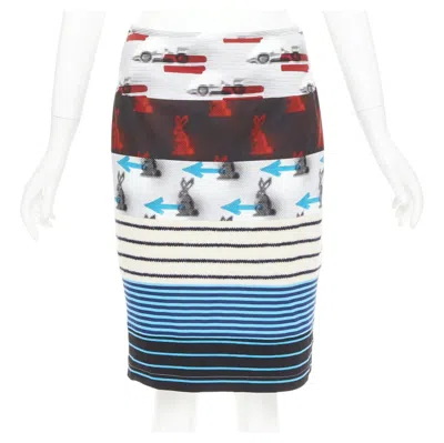 Pre-owned Prada 2015 Rabbit Trick Race Car Stripe Knit Patchwork Pencil Skirt It40 S In Gray