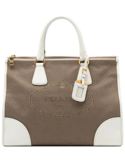 Pre-owned Prada 2015-2025 Saffiano Trimmed Canvas Canapa Logo Double Zip Satchel In Brown