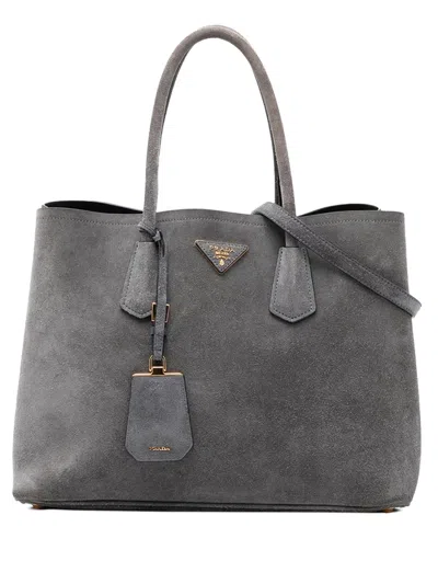 Pre-owned Prada 2015-2026 Medium Scamosciato Double Satchel In Gray