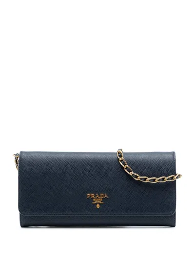 Pre-owned Prada 2015-2026 Saffiano Wallet On Chain Crossbody Bag In Blue