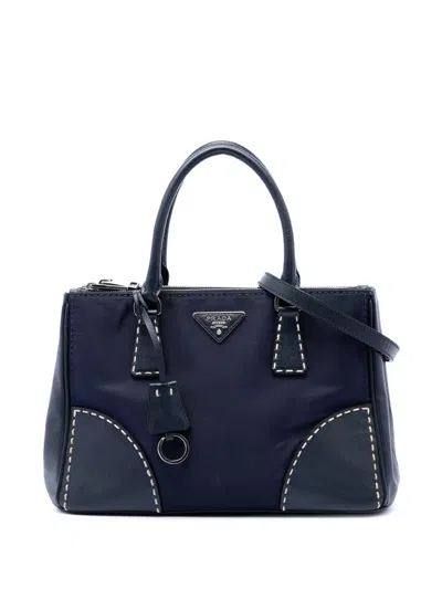 Pre-owned Prada 2015-2026 Small Tessuto And City Calf Hand Stitched Galleria Double Zip Satchel In Blue