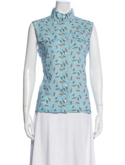 Pre-owned Prada 2016 Graphic Print Button-up Top In Blue