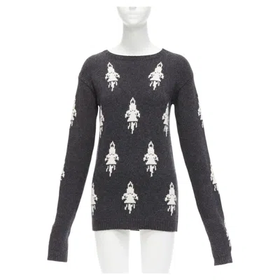 Pre-owned Prada 2016 Grey Cream Rocket Intarsia Long Sleeve Bateau Sweater It42 M In White