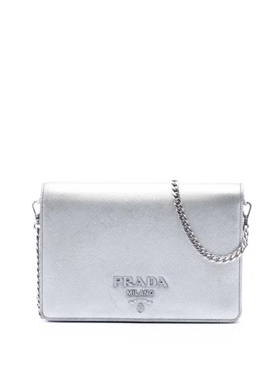 Pre-owned Prada 2016 Metallic Saffiano Lux Wallet On Chain Crossbody Bag In Silver