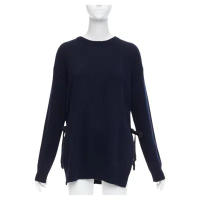 Pre-owned Prada 2016 Navy Wool Cashmere Ribbon Tie Side Crew Neck Sweater It42 M In Blue