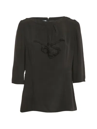 Pre-owned Prada 2016 Ruffle-detail Silk Blouse In Black