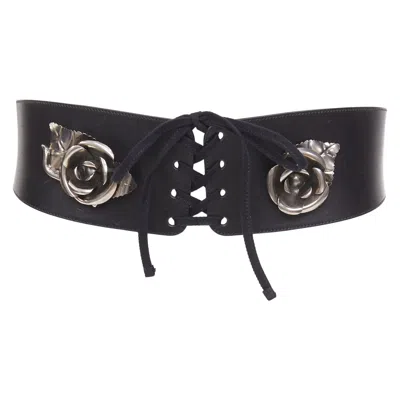 Pre-owned Prada 2016 Runway Black Leather 3d Rose Embellished Floral Corset Belt 80cm In Red