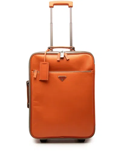 Pre-owned Prada 2016-2026 Saffiano Carry On Trolley Suitcase Travel Bag In Orange