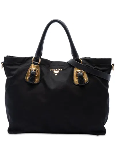 Pre-owned Prada 2016-2026 Soft Calfskin Trimmed And Tessuto Open Convertible Shopping Tote Satchel In Black
