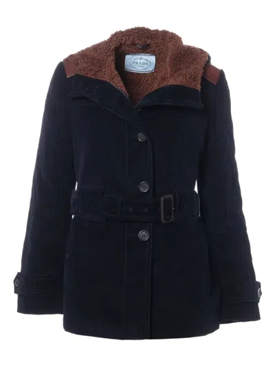 Pre-owned Prada 2017 Corduroy Belt Coat In Blue