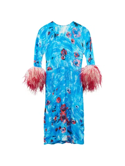 Pre-owned Prada 2017 Feather-trim Floral-print Midi Dress In Blue