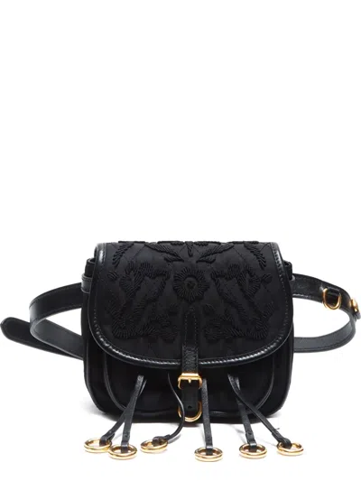 Pre-owned Prada 2017 Floral-embroidered Belt Bag In Black