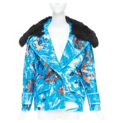 Pre-owned Prada 2017 Runway Blue Alpaca Wool Abstract Floral Fur Collar Pea Coat It36 Xs