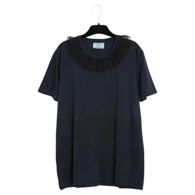 Pre-owned Prada 2017 Top Dentelle Fr40 Navy Jersey Lace Collar T Shirt Top Uk12 Us10 In Blue