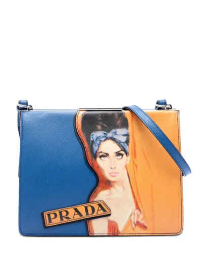 Pre-owned Prada 2017-2018 Limited Edition Saffiano Face Art Print Light Frame Crossbody Bag In Blue