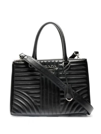 Pre-owned Prada 2017-2021 Diagramme Leather Tote Bag In Black