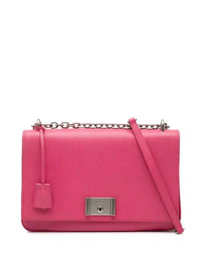 Pre-owned Prada 2018-2025 Saffiano Lux Lock Chain Flap Crossbody Bag In Pink