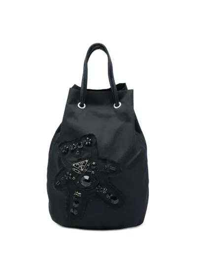Pre-owned Prada 2018 Beaded Tessuto Evening Bear Drawstring Bucket Bag In Black