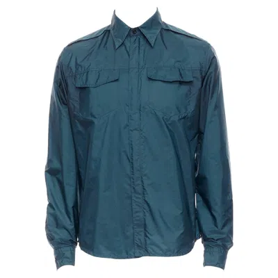 Pre-owned Prada 2018 Dark Teal Blue Nylon Concealed Silver Zip Over Shirt S In Green