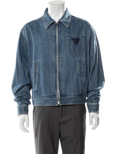 Pre-owned Prada 2018 Enameled Metal Triangle Denim Jacket In Blue