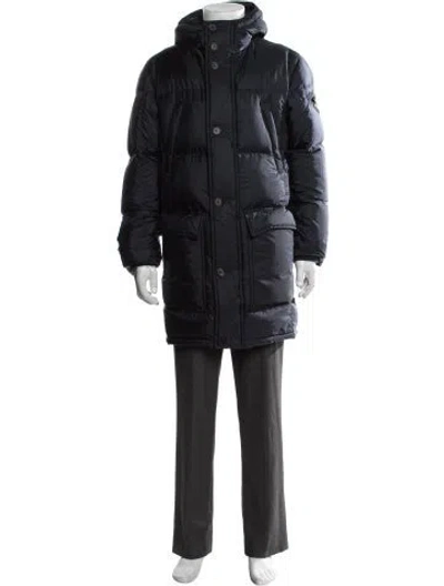 Pre-owned Prada 2018 Enameled Metal Triangle Puffer Coat In Blue