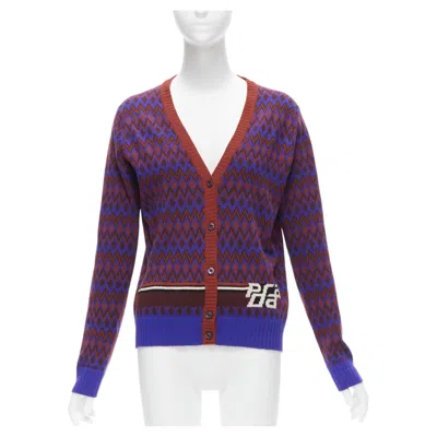 Pre-owned Prada 2018 Purple Wool Cashmere Racing Logo Chevron Intarsia Cardigan It38 Xs