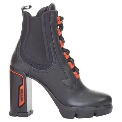 Pre-owned Prada 2018 Runway Black Leather Neoprene Orange Accent Chunky Heel Boots Eu37