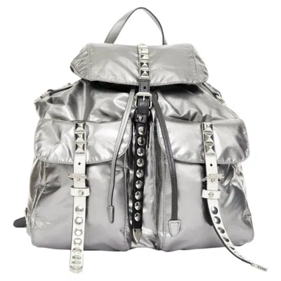 Pre-owned Prada 2018 Runway New Vela Metallic Punk Studded Leather Strap Nylon Backpack In Gray