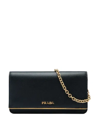 Pre-owned Prada 2018-2022 Saffiano Metal Bar Wallet On Chain Crossbody Bag In Black
