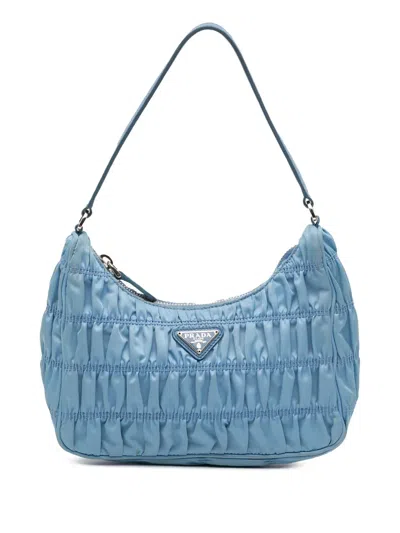 Pre-owned Prada 2019-2025 Tessuto Gaufre Re Edition Shoulder Bag In Blue
