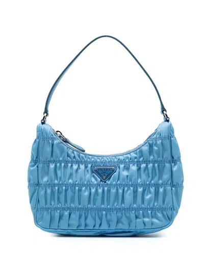 Pre-owned Prada 2019-2025 Tessuto Gaufre Re Edition Shoulder Bag In Blue